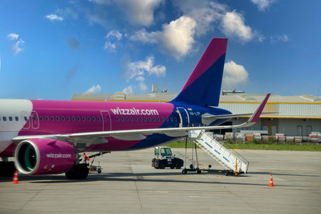 Otopeni, Romania - Circa 2023: Wizzair airplane getting ready to take off. Wizzair is a budget airline from Hungaryのeditorial素材