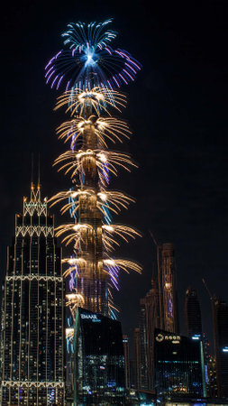 DUBAI, UAE - CIRCA 2022: Panorama of down town Dubai modern city in the night. Firework show on Burj Khalifa at night.のeditorial素材
