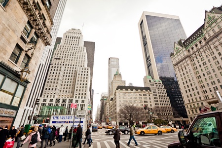 NEW YORK - JAN 6: City streetlife in point of intersection of 5th Av. and 59th st. near  Central Park and Plaza Hotel on January 6, 2011 in Manhattan, New York Cityのeditorial素材