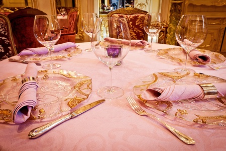 Empty glasses set in restaurantの写真素材