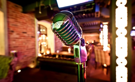 Retro microphone on stageの写真素材