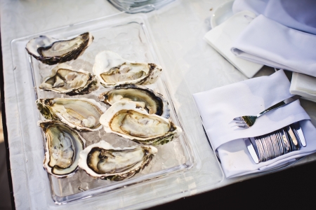 Fresh oysters on ice at an outdoor cafe の写真素材