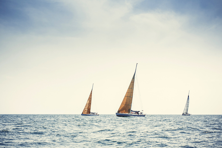 Sailing ship yachts with white sails in the open sea