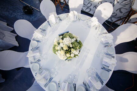 Wedding table setting in restaurantの写真素材