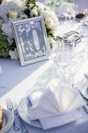 Wedding table setting in restaurantの写真素材