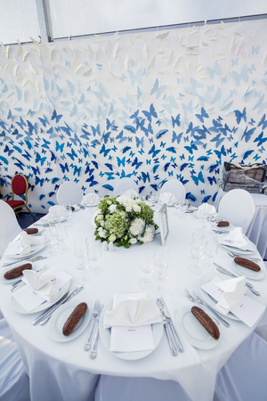 Wedding table setting in restaurantの写真素材