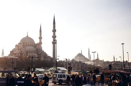 ISTANBUL, TURKEY - NOVEMBER 28: Busy people and city traffic on background of Suleymaniye Mosque, Istanbul, Turkey on November 28, 2014のeditorial素材