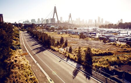 View of Anzac Bridge and buildings in Sydney, Australia.