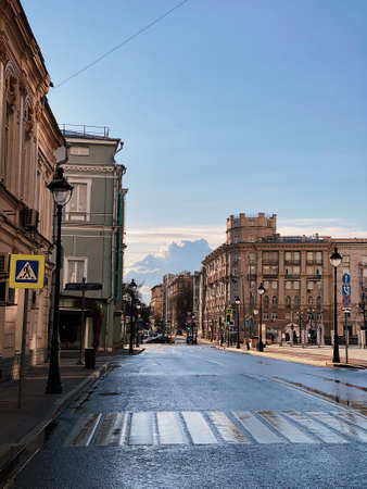 Empty Bolshaya Nikitskaya Street during the quarantine lockdown in April 2020のeditorial素材