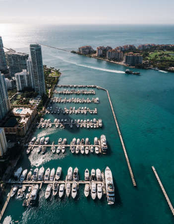 Aerial view of yachts in Miami Beachの写真素材