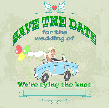 The groom and the bride in a cabriolet, invitation or wedding card, vector illustrationのイラスト素材
