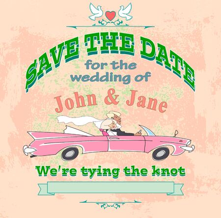 The groom and the bride in a cabriolet, invitation or wedding card, vector illustrationのイラスト素材