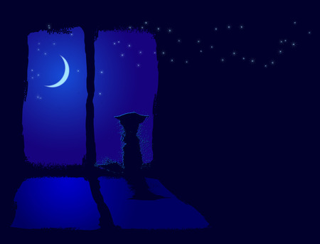 illustration of cat and the moon, vector buckgroundのイラスト素材