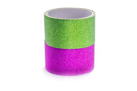 Green and pink christmas sticky tape on white background isolateの写真素材