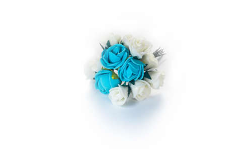 Artificial wedding flowers white and blue on a white background isolateの写真素材