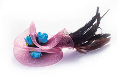 Pink hair clip with feathers and blue roses on a white background isolateの写真素材