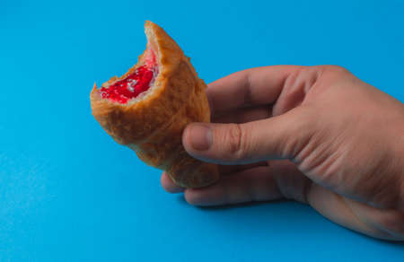 Croissant on a blue background. copy spaceの写真素材