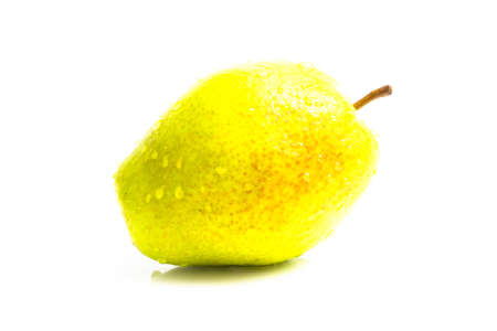 Wet with drops Green pear on a white background. close upの写真素材