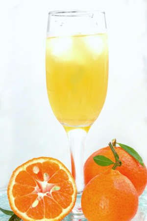 glass of champagne with cocktail, juice with ice tangerines with lmstochkami on glass light backgroundの写真素材