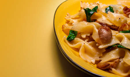 butterfly pasta with fried mushrooms, green spinach on a yellow plate on an orange background. copy spaceの写真素材