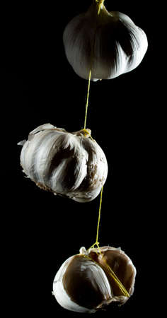 Three heads of garlic hang on a thread. copy space. on a black background isolate. close upの写真素材