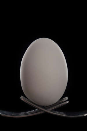 white egg on two crossed forks on a black background. close up, copy space, verticalの写真素材