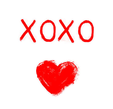 Inscription xoxo red paint brush and heart Valentine's Day on a white backgroundの写真素材