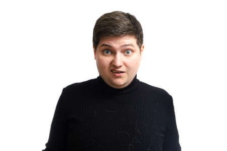 fat man with a surprised face in a black sweater in cat hair, dogs on a white background copy space...