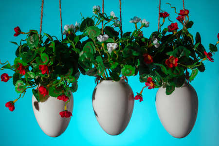three hanging pots with artificial flowers decorative element of the house on a blue background copy spaceの写真素材