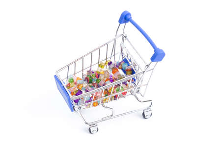 shopping cart with beads of multi-colored gemstones on a white background. isolateの写真素材