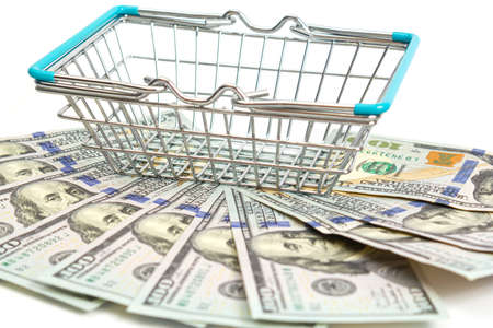basket with blue inserts inserted stands on hundred dollar bills on a white background. isolateの写真素材