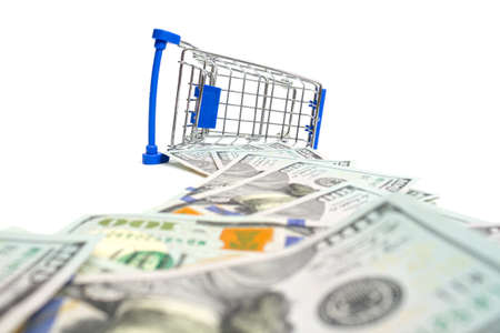 fallen basket with blue inserts drop hundred dollar bills on a white background. isolate