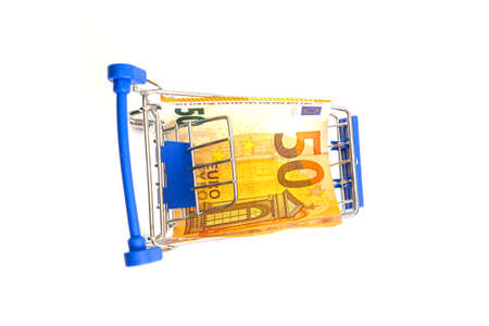 a basket with blue inserts inserted into fifty euro lies on a white background. isolateの写真素材