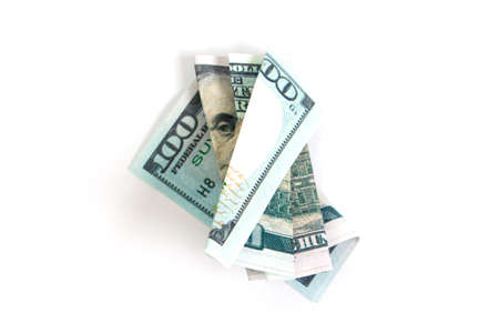 squeezed hundred dollar bill on a white background isolate, top viewの写真素材