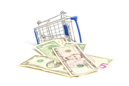 fallen shopping basket with blue inserts dollar bills fell out of it on a white background. isolateの写真素材
