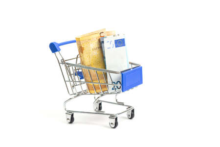 basket with blue inserts inserted rolls of fifty and twenty euro banknote on a white background. isolateの写真素材