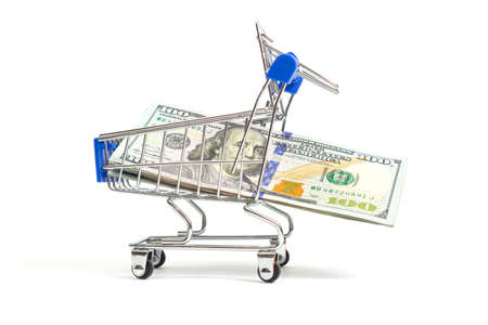 basket with blue inserts inserted a bundle of hundred-dollar bills on a white background. isolateの写真素材