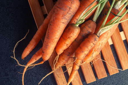 not washed in the ground a young orange carrot with sprouts on a bamboo leaf on a black table. close...