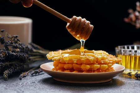 waffles with honey dark background, close-up copy