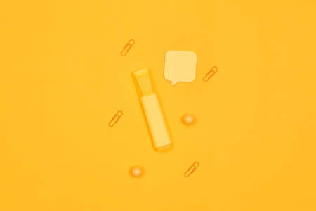 minimalism yellow marker on yellow background school, university, flat layer, copy space oneの写真素材