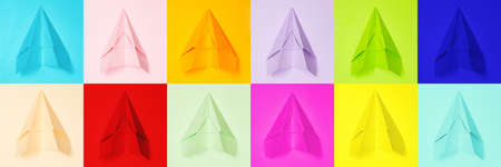 banner, set of multi-colored, paper airplanes, flatley, copyspace
