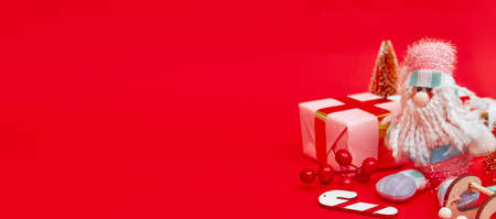 Banner, Christmas composition, gifts on red background, copyspaceの写真素材