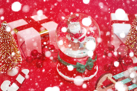 Christmas composition, gifts on red background, copyspaceの写真素材