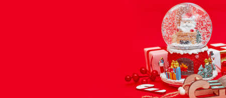Banner, Christmas composition, gifts on red background, copyspaceの写真素材