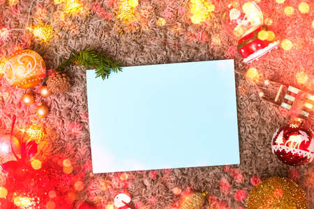 postcard ,christmas frame and toys with blue leaf, bokeh, flatley, copy spaceの写真素材