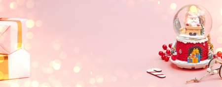 Banner, Christmas composition, gifts on pastel pink background, copyspaceの写真素材