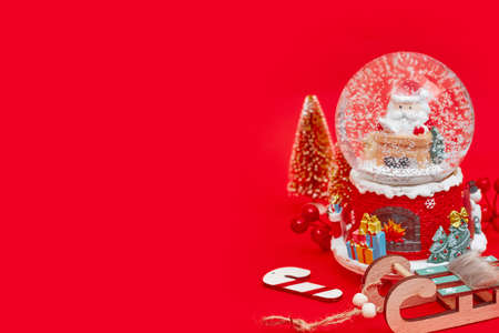 Christmas composition, gifts on red background, copyspace