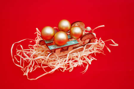 Christmas composition, gifts on red background, copyspace