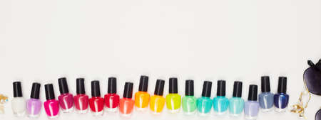 concept, manicure with nail polish, pedicure on white background, copy space, Flat Layの写真素材