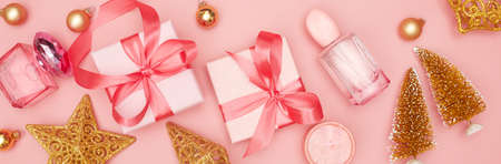 concept, christmas layout 2021 on pink background, flatley, copy spaceの写真素材